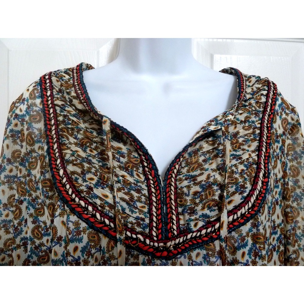 Daniel Rainn Braided Pin-Tucked Boho Paisley Peasant Blouse Multicolor L - Picture 2 of 7